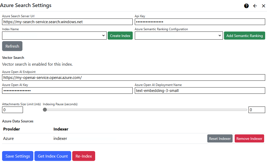 Azure Search Settings