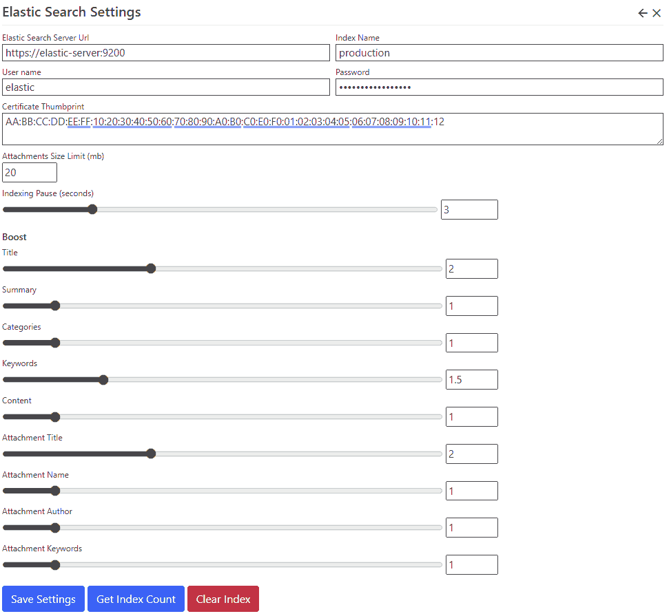 Elastic Search Settings
